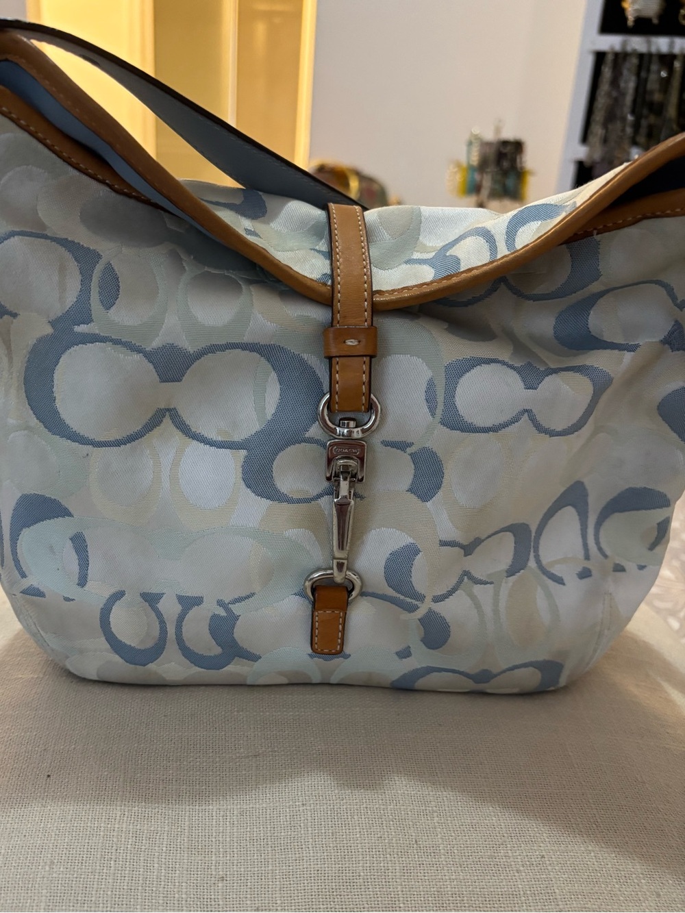 Coach Light Blue & White Signature Shoulder Bag with Tan Trim